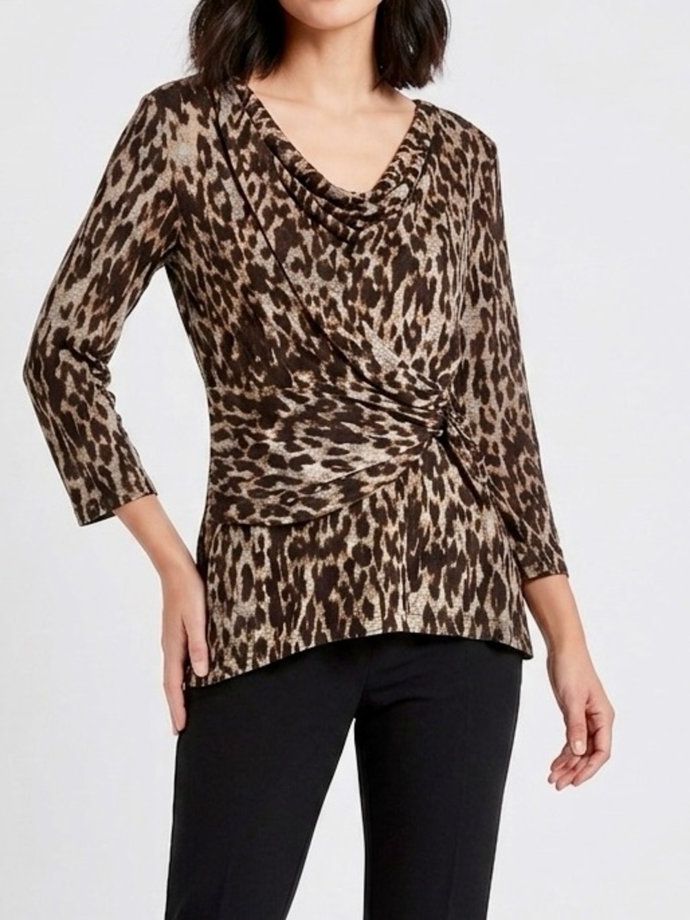 INVESTMENTS Ruched Twist Black & Brown Animal Leopard Print Blouse Stretchy Top